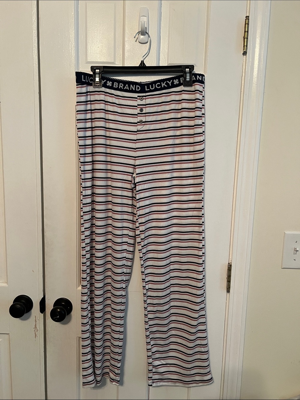 Lucky Brand White Striped Pajama Pants with Navy & Pink Stripes